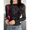 Женская футболка с длинным рукавом и прозрачным кружевом, с небольшим стоячим вырезом