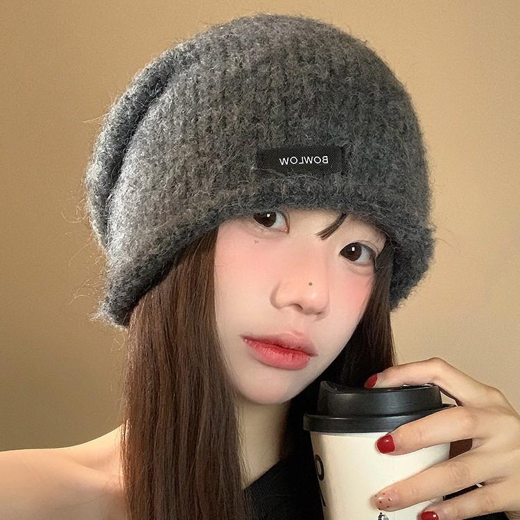 Wool gray crimped knitted stacking hat women's autumn and winter advanced ear protection hat small face warm cold hat