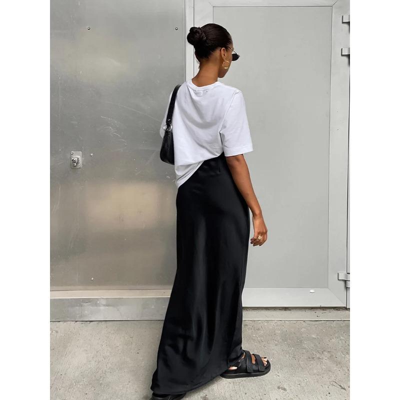 Elegant Satin Black Trumpet Skirts Fashion Slim High Waist Skirts Women Female 2023 Solid Office Long Skirt Spring Summer