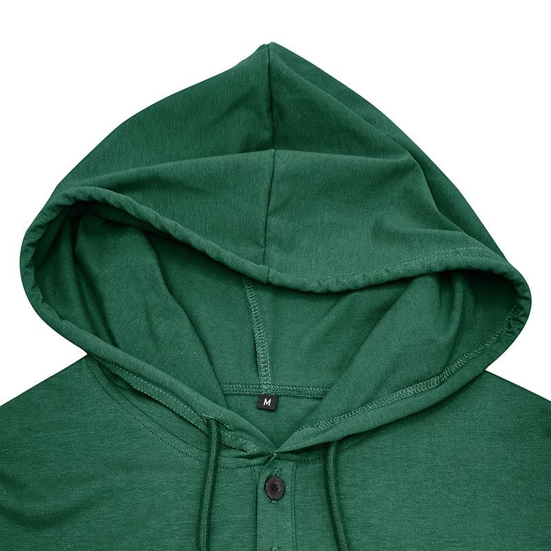 Men Green Short Sleeve Hooded Henley Neck Drawstring Casual Summer T Shirt