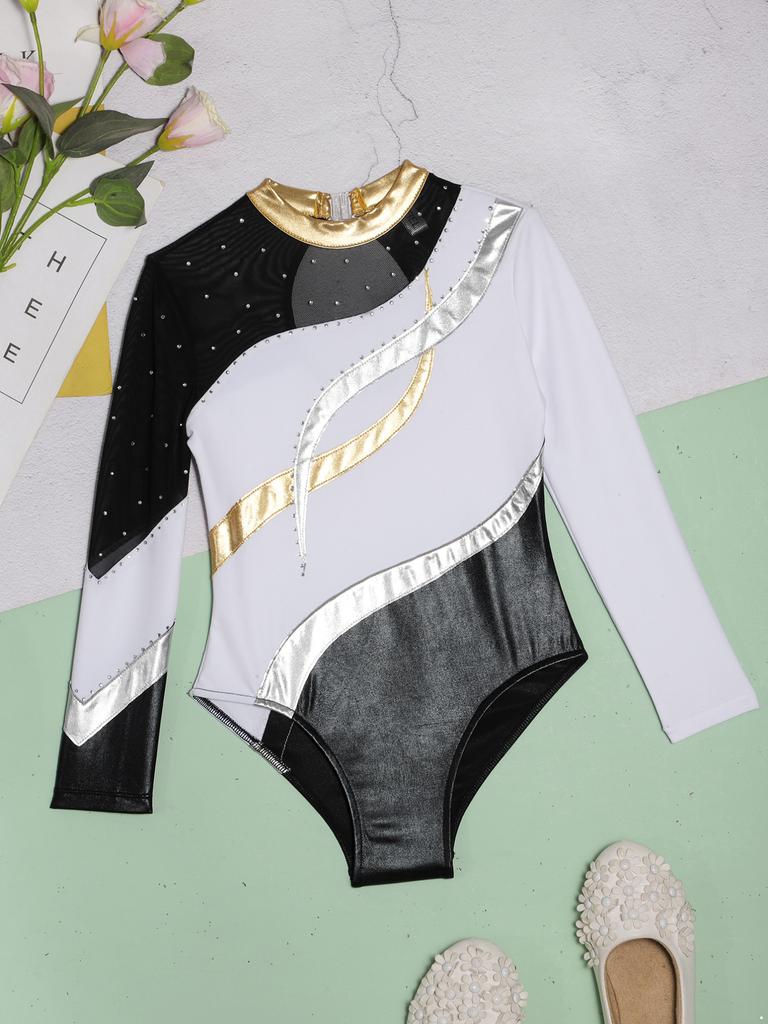 Kids Girls Gymnastics Leotard Glitter Bodysuit Long Sleeve Shiny Rhinestones Decorated Jersey with Shorts Dance Costume