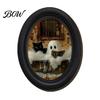 Gothic Farmhouse Decor Halloween Wooden Door Hanging Sign, Oval Black Cat Ghost Wall Plaque, Retro Painting Waterproof Art for Entryway Bedroom Cafe,