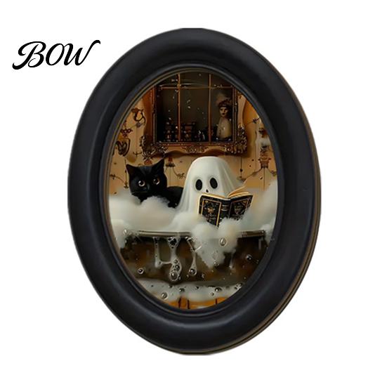 Gothic Farmhouse Decor Halloween Wooden Door Hanging Sign, Oval Black Cat Ghost Wall Plaque, Retro Painting Waterproof Art for Entryway Bedroom Cafe,