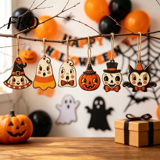 Vintage Cartoon Halloween Set Wooden Hanging Decor, Ghost Black Cat Pumpkin Owl Ornament, Rustic Mummy And Ornaments Wall Decor Gift Tags for