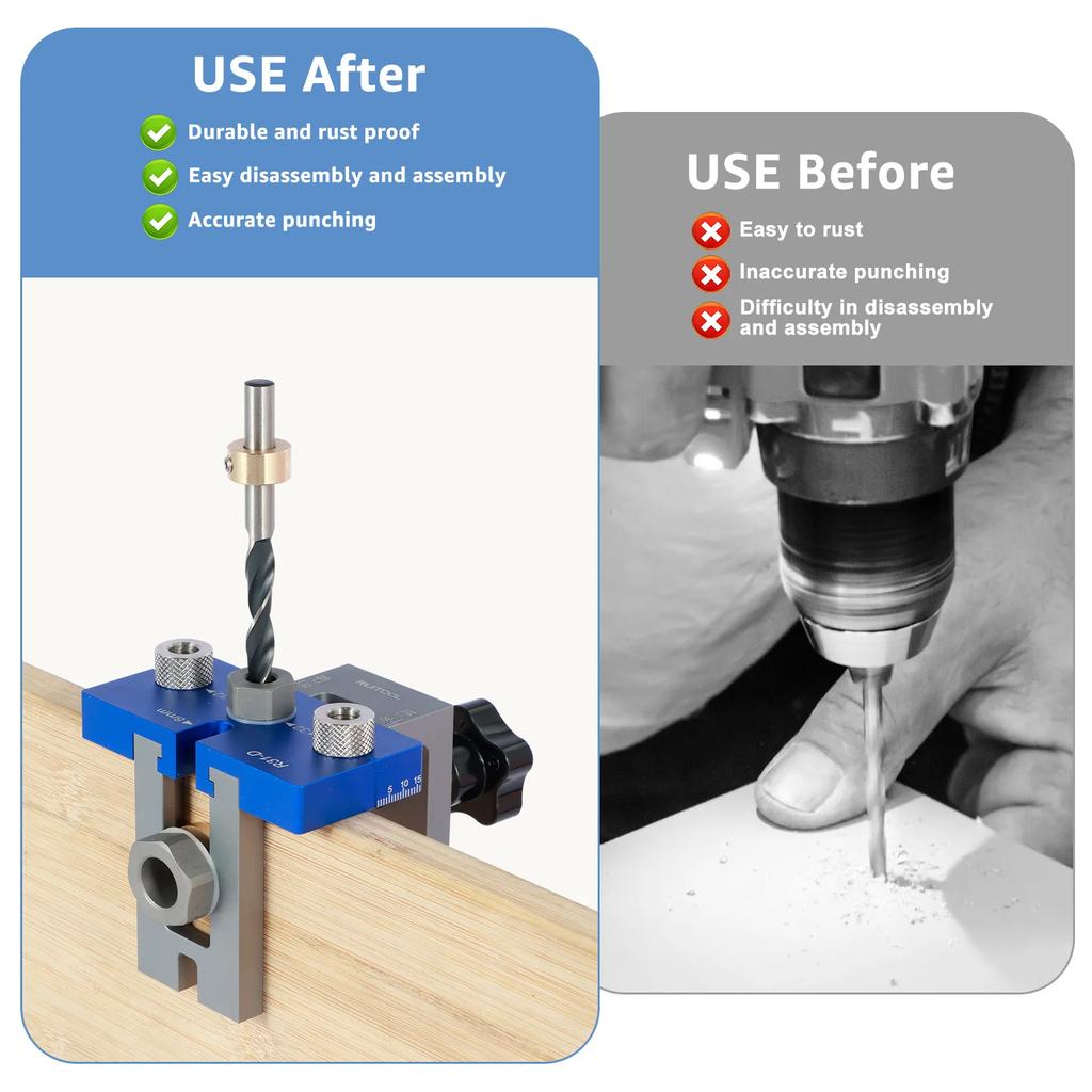 Doweling Jig Kit Woodworking Pocket 3 In 1 Drill Hole Jig 8MM 10MM 15MM Drilling Locator Punch Positioning Guide Puncher Tools