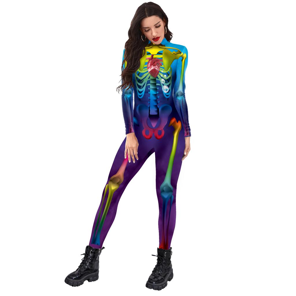 Scary Skeleton Printed Bodysuit Halloween Party Cosplay Costume for Adult Jumpsuit Zentai Catsuit Carnival Clothing