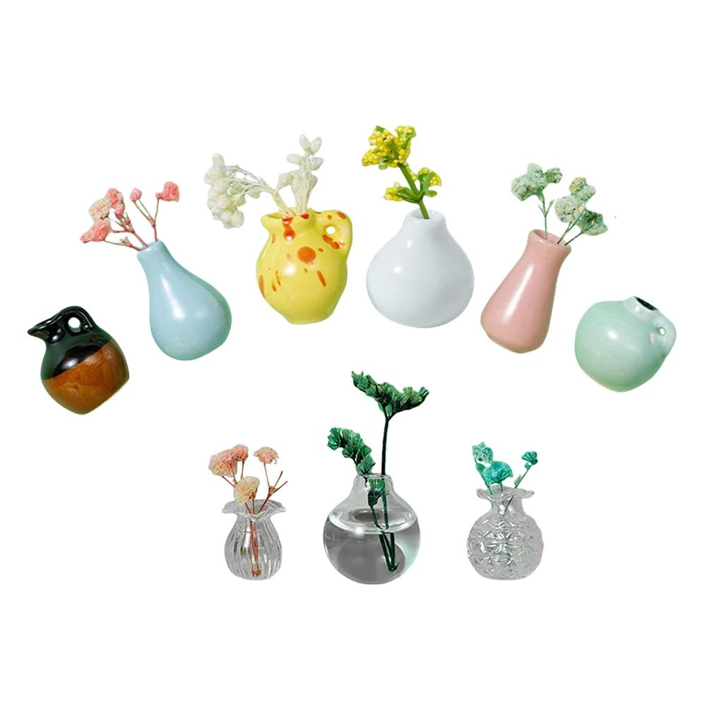 5-14pcs/Set Mini Ceramics Vase Fridge Magnets Label Mini Bonsai Magnet Button Potted Simulation Flower Vase Refrigerator Message