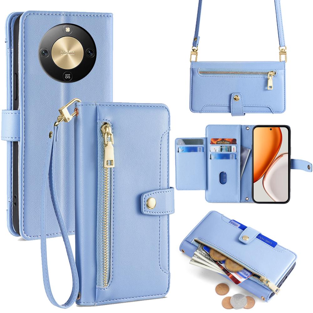 For Honor X70 5G Leather Case Zipper Pocket Wallet Phone Cover with 2 Straps