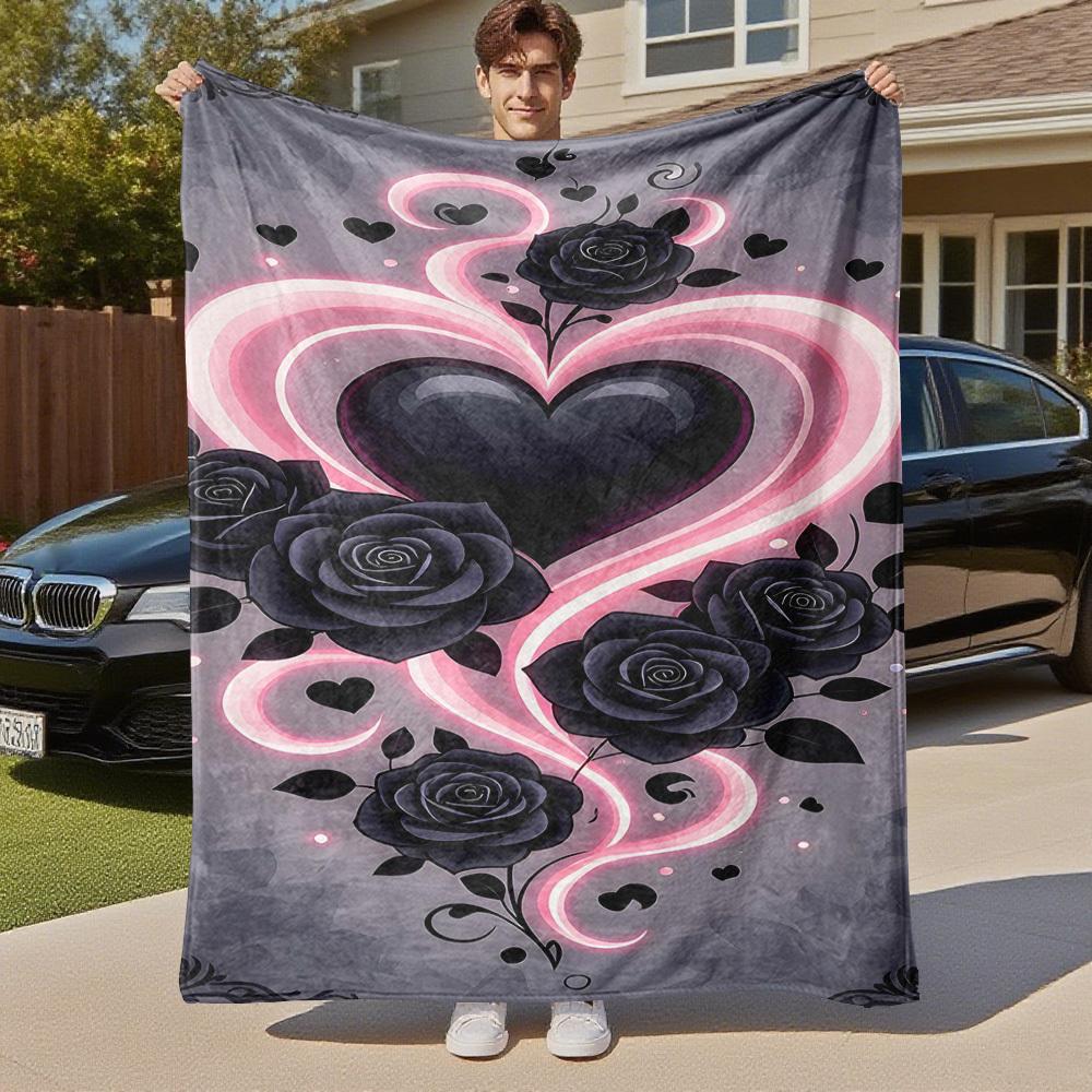 1pc Heart Roses Outdoor Flannel Blanket Soft Warm All-Season Throw for Sofa Bed Car Camping Office, Cozy Gift Idea1275S
