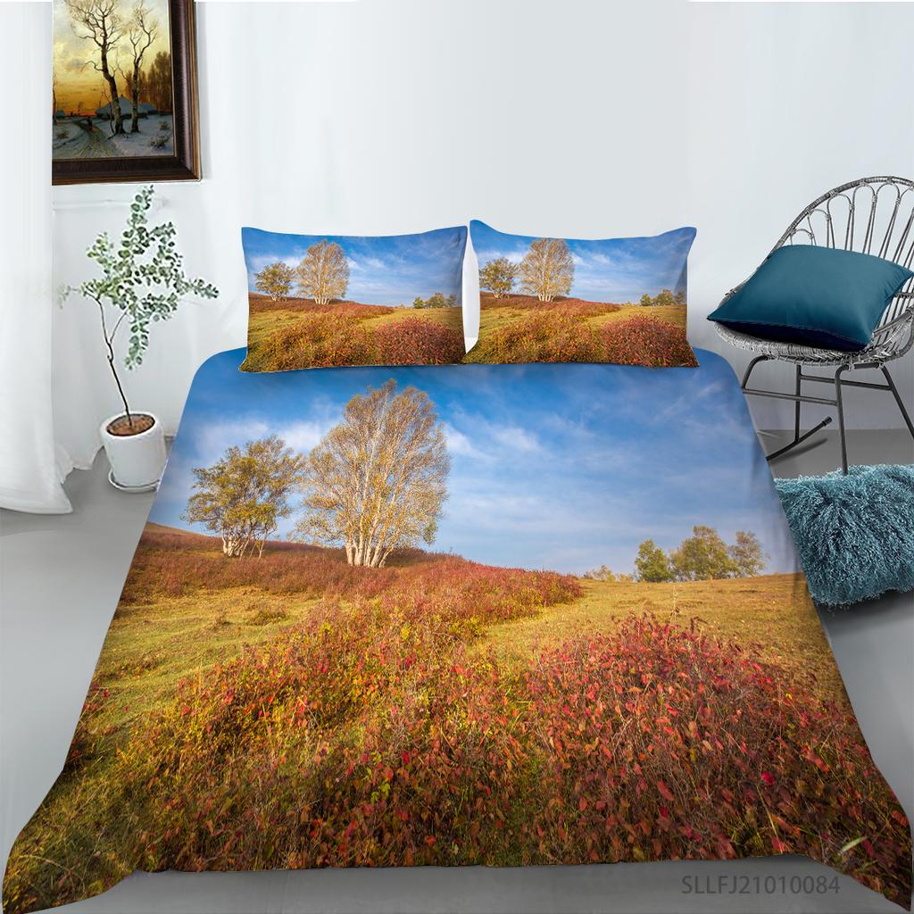 3D Forest Pattern Deluxe Home Bedding Set Full Size Quilt Cover and Pillowcase Landscape Print Washable and Comfortable Bedroom Bedding
