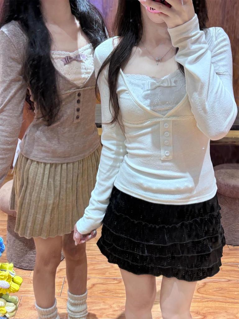 Элегантный топ с кружевной аппликацией и длинным рукавом - Женская осенне-зимняя облегающая базовая рубашка.