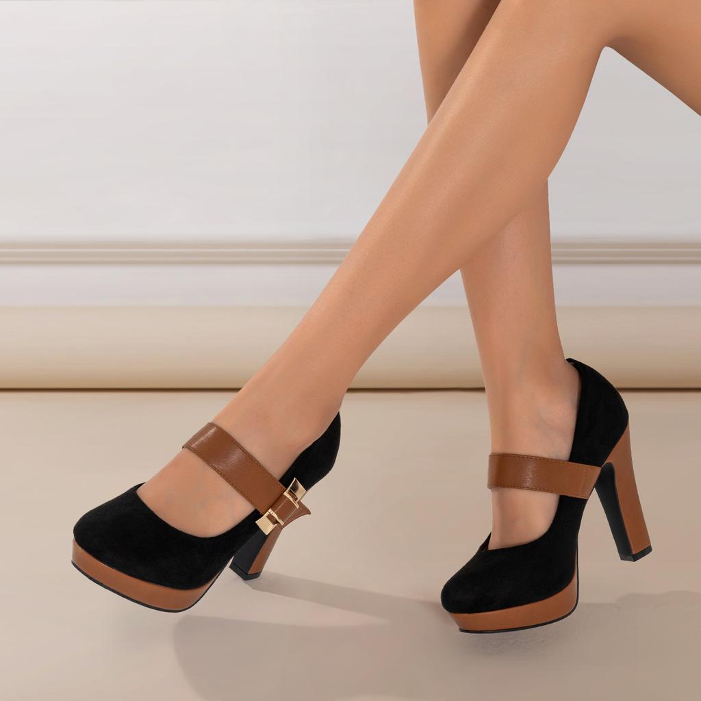 Женские туфли-лодочки на высоком каблуке в стиле ретро с круглым носком, туфли на платформе с блочным каблуком и пряжкой, женская обувь