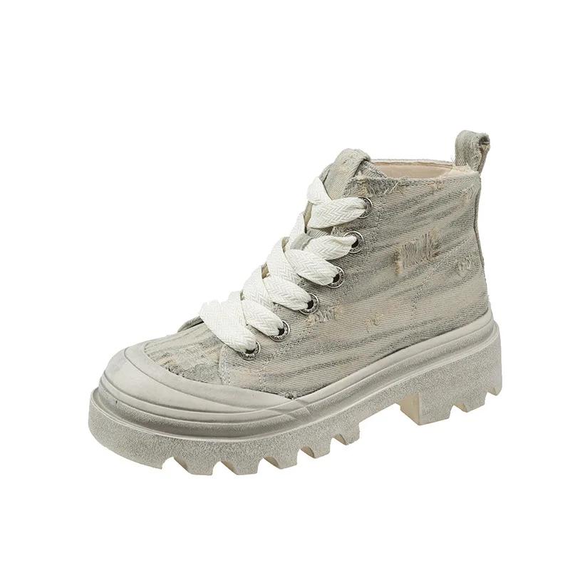 Осенняя повседневная женская обувь с высоким верхом Matsuke, парусиновые туфли на толстой подошве, корейская версия, универсальные уличные короткие ботинки Poe Heel Blast