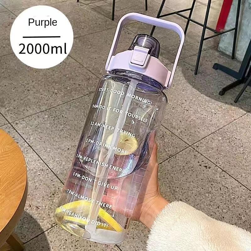 Large - Capacity Straw Water Bottle, 2000ml Marked Handle Cup, Dual - Drink Pop - Up Lid Portable Sports Bottle Adult Universal