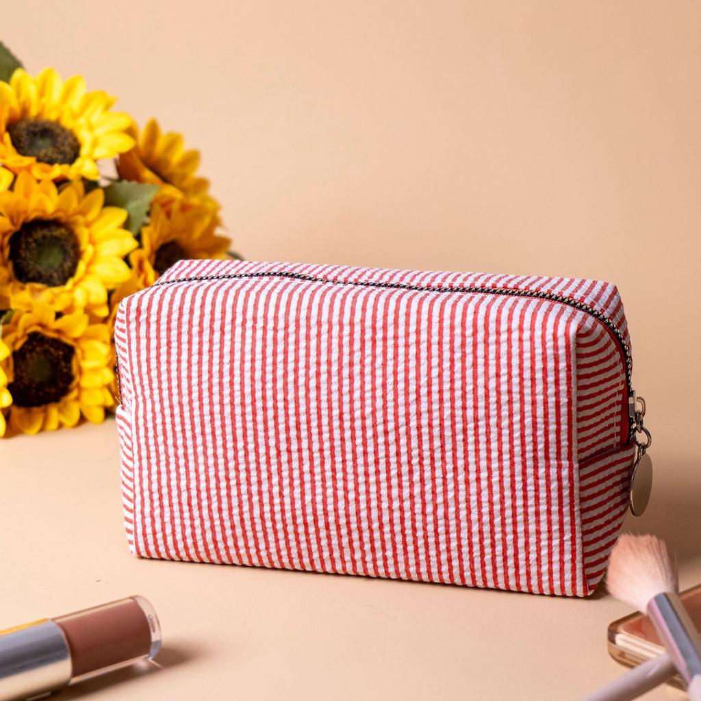 Striped Embroidered Travel Cosmetic Bag Portable Toiletry Organizer for Women Makeup Storage Pouch