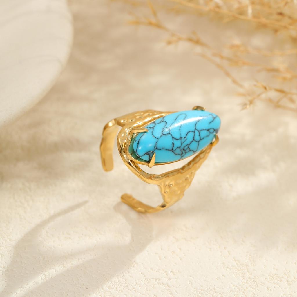 GEMCHIC Women's Vintage Turquoise Stainless Steel Ring Adjustable Gold Plated Fashion Geometric Jewelry