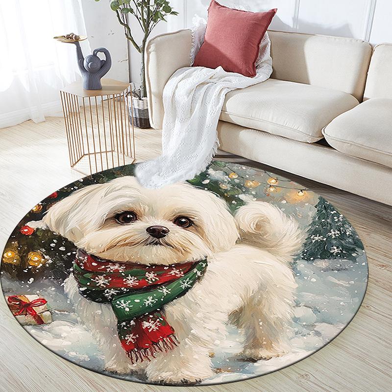Winter Dog Round Area Rug,Carpet Rug for Living Room Bedroom Sofa Playroom Decor,Non-slip Floor Mat