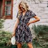 Summer Floral Dress Women Spring Autumn V Neck Short Sleeve Loose Chic Printed S-XL