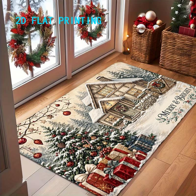 1pc Pack Vintage Christmas Cottage Mat Suitable for Home & Outdoor Entryway, Non-Slip Machine-Washable Easy-Clean Thin Adhesive Backing Suitable for B