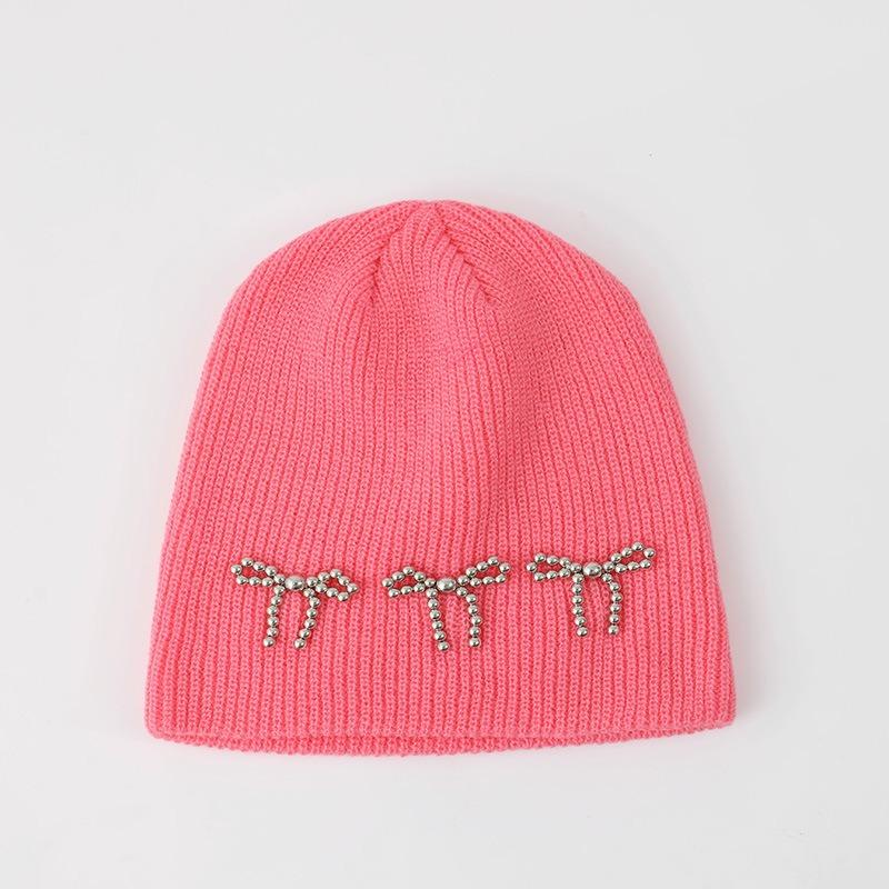 Шапка вязаная с жемчужным бантом для блогеров, женская зимняя однотонная, ветрозащитная и теплая, двухслойная, с защитой ушей, шерстяная шапка