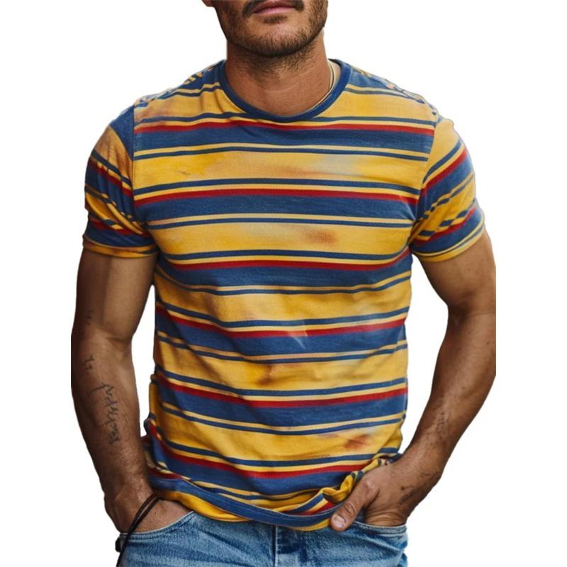 Summer Round Neck Retro Stripe Graphic 3D Print Top Fashionable Casual Short Sleeved Men's T-shirts