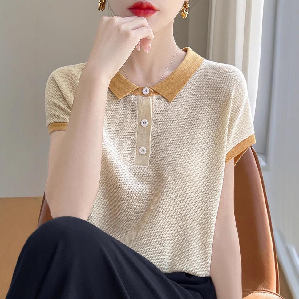 Женская футболка Tencel Colorblock Polo Collar с коротким рукавом и контрастным принтом – стильный, свободный, летний топ, который омолаживает