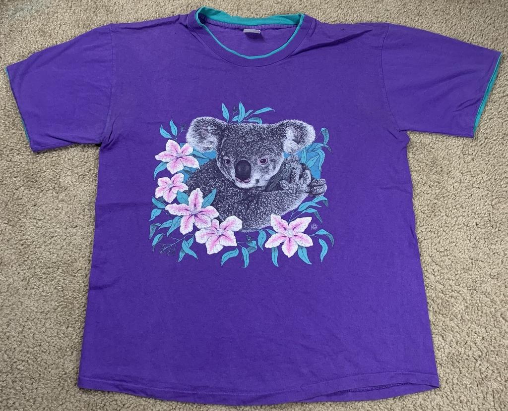 VTG Adult XL Purple Koala Bear Floral Graphic Shirt Retro 90s Nature Mock Layer