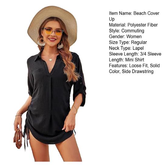 Women Beach Cover Up Lapel 45720 Sleeve Side Drawstring Pullover Tops
