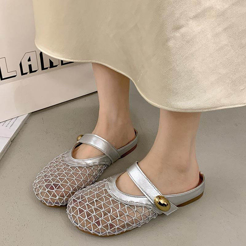 Туфли на плоской подошве во французском стиле с сетчатой поверхностью, дышащим носком, полутапочки для женщин, летние противоскользящие шлепанцы