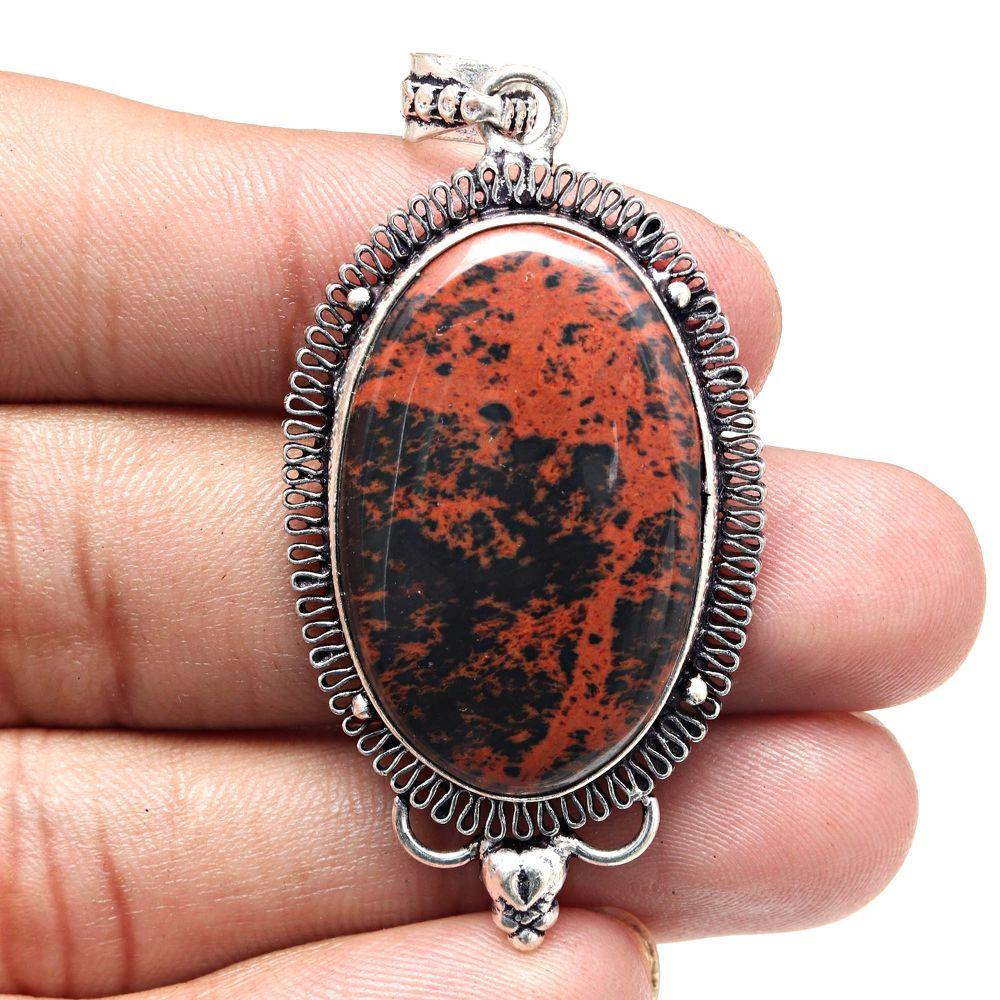 Necklace Mahogany Obsidian Gemstone Gift For Her Silver Jewelry 2.25"