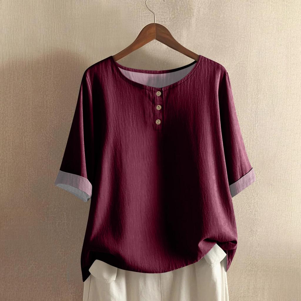 Women's Fashionable And Casual Shirt Half-sleeve Round Neck Solid-color Cotton And Linen Blouse Top