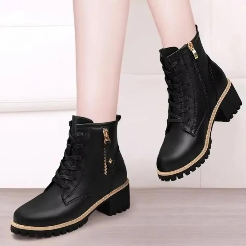 Women Shoes Boots Ankle New Autumn British Wind PU Leather Thick With Fur Ladies Short Boots Motorcycle Heels Boots