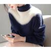 Blue and White Color Matching Sweater Women's Winter New Good-looking Semi-turtleneck Long-sleeved Top Knitted Sweater