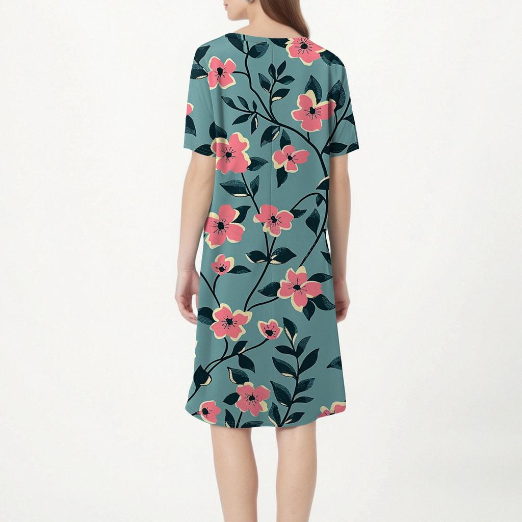 Женский ретро-топ с цветочным принтом и листьями, V-образным вырезом, карманом средней длины и коротким рукавом