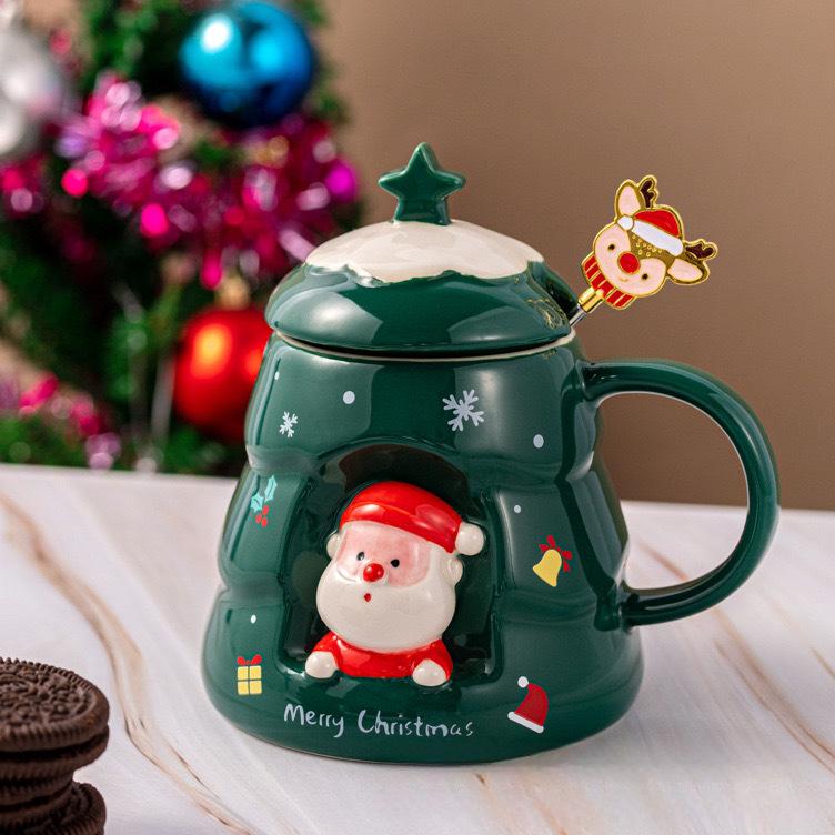 Creative Relief Christmas Tree Ceramic Cup High Looking Mug Cute Cartoon Christmas Cup Gift Christmas Water Cup