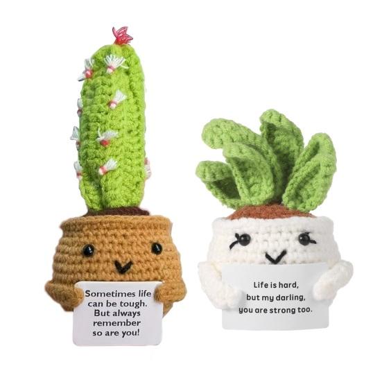 Crocheted Doll Cactus Succulent Doll with Cheer-up Card Tabletop Ornament Positive Crochet Figurine