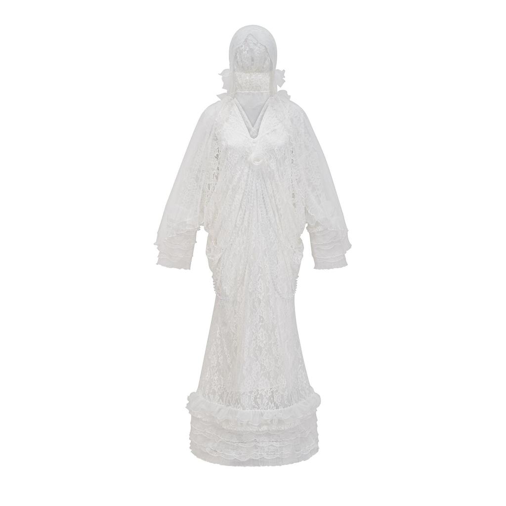 Новый стиль литературной и элегантной длинной юбки, сетчатой юбки с вуалью, комплекта из трех частей, V-образного выреза, длинного рукава, свадебного платья