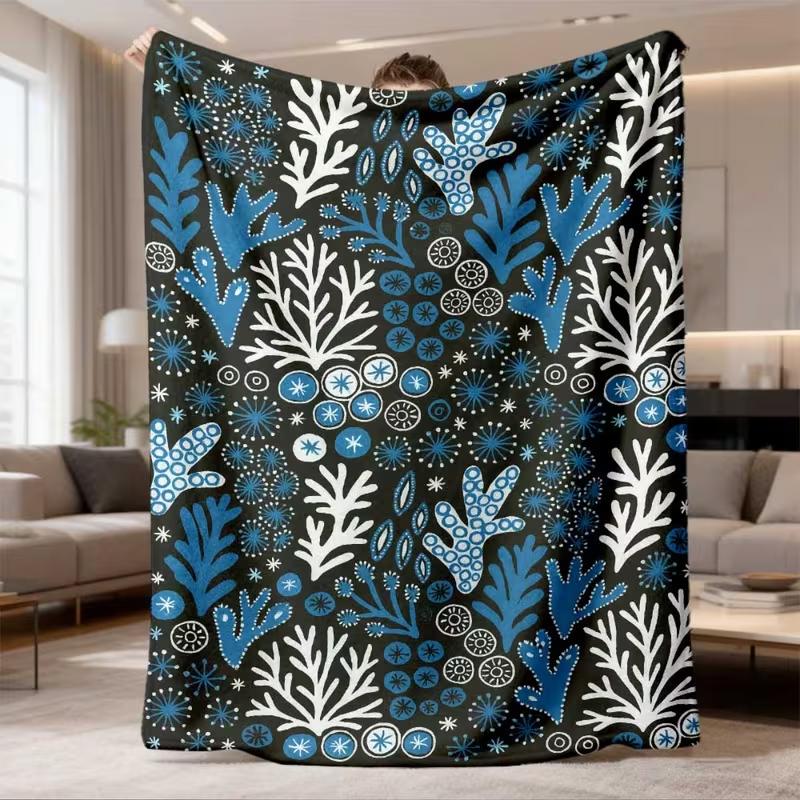Blue White Coral Seabed Pattern Blanket Soft Ocean Botanical Blanket Nautical Style Couch Bed Blanket