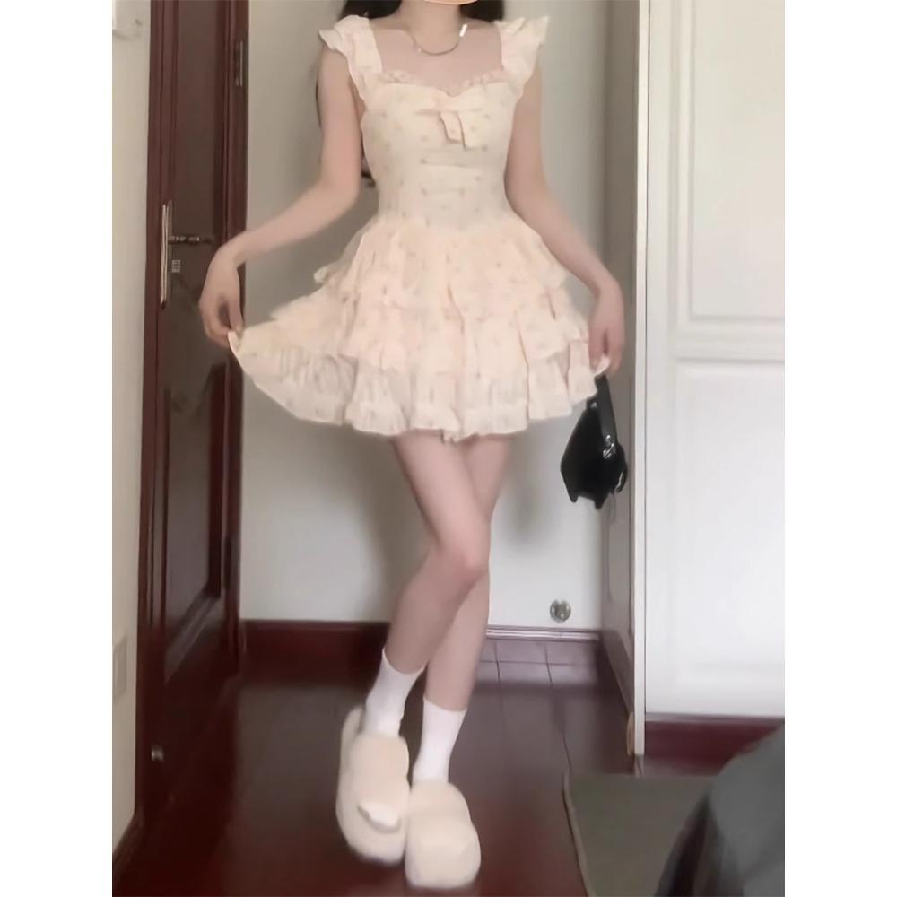 Xiaofei Sleeve Floral Dress Women's Casual Summer New Sweet Little Princess Cake Dress Waist Fluffy Dress