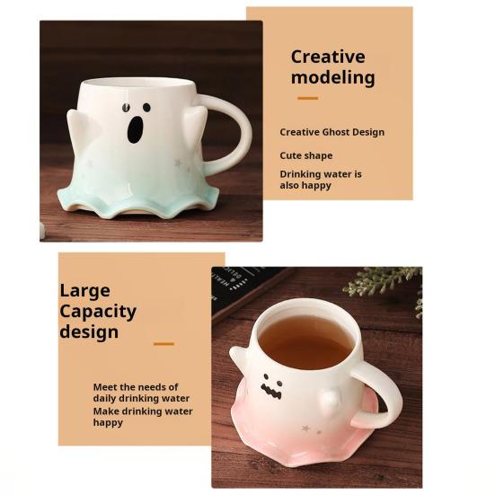 Кружка-призрак на Хэллоуин объемом 460 мл с ложкой, симпатичная керамическая чашка для воды с изображением призрака, украшение для дома и офиса на Хэллоуин, чашка для чая и кофе