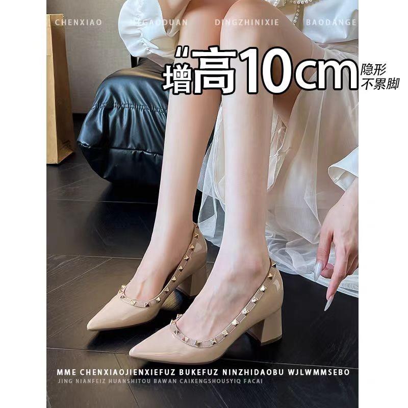 Мода Внутри Увеличенные Заклепки 2025 Осень Новые Высокие Каблуки Неглубокий Блочный Каблук Одиночная Обувь для Женщин