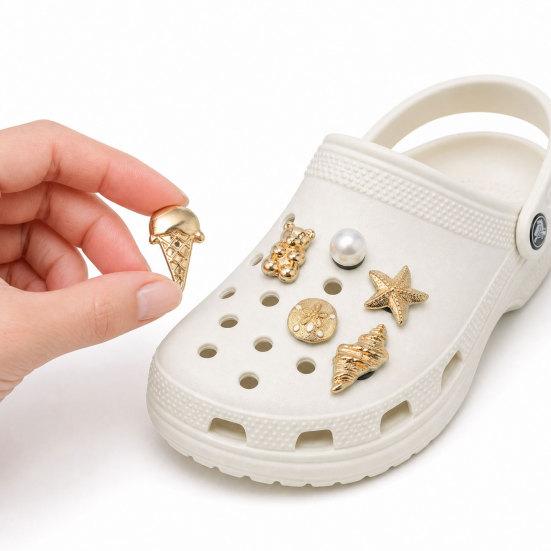 6Pcs/Set Gold-Tone Shoe Charms, Summer Ice Cream Charms, Shell Starfish Shoe Charms for Clogs Women Girls Beach Footwear Decor