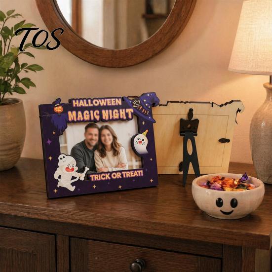 Indoor Festival Decorations Halloween Wooden Photo Frame, Double Layer Wood Tabletop Picture Holder, Holiday Table Creative Display Stand for