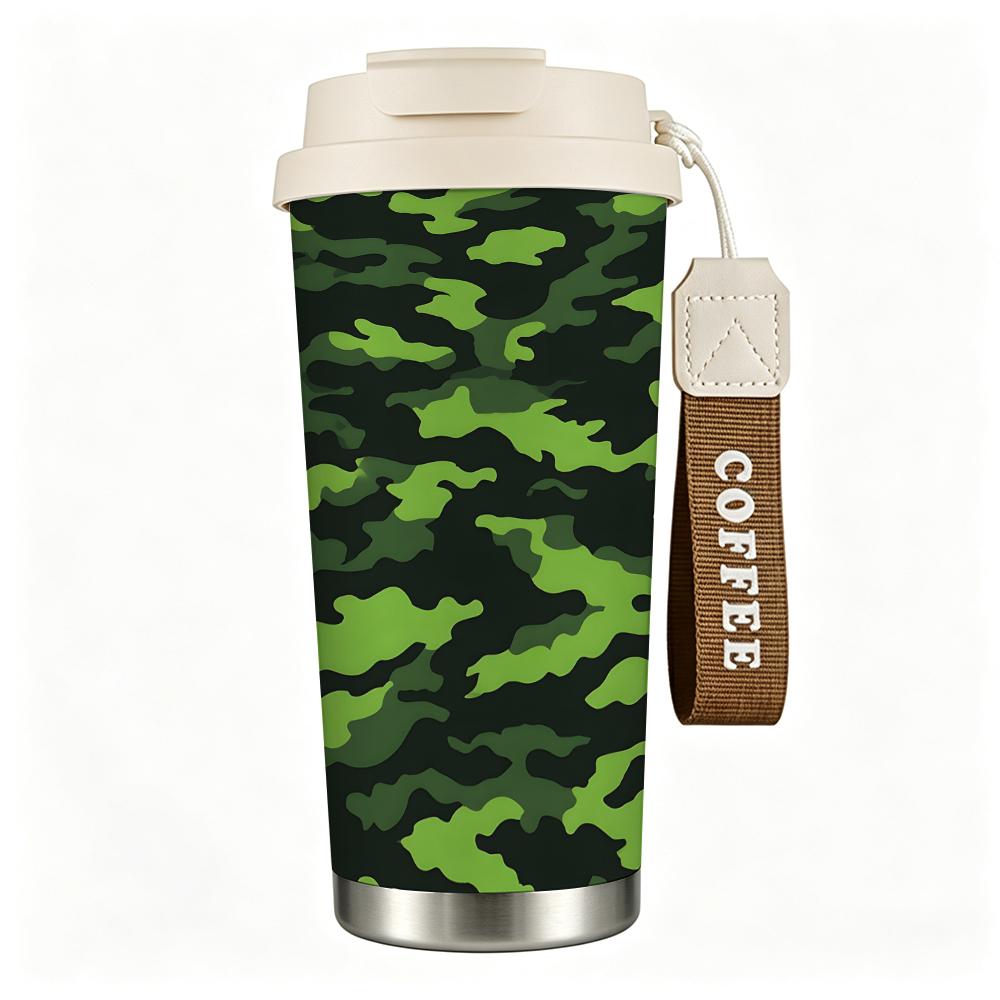 Green Camouflage Print Stainless Steel Insulated Coffee Tumbler Vacuum Thermal Cup, Portable Leakproof Travel Mug for Outdoor Sports