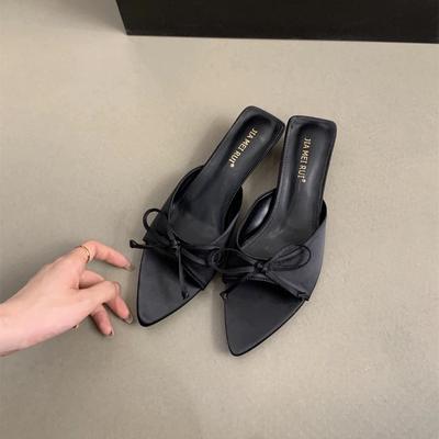 Модные женские летние новые сандалии на высоком каблуке класса люкс, универсальные простые сандалии на тонком каблуке, шлепанцы с бантом