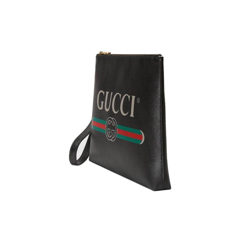 Gucci Print Retro Logo Print Wristband Leather Clutch Unisex Black