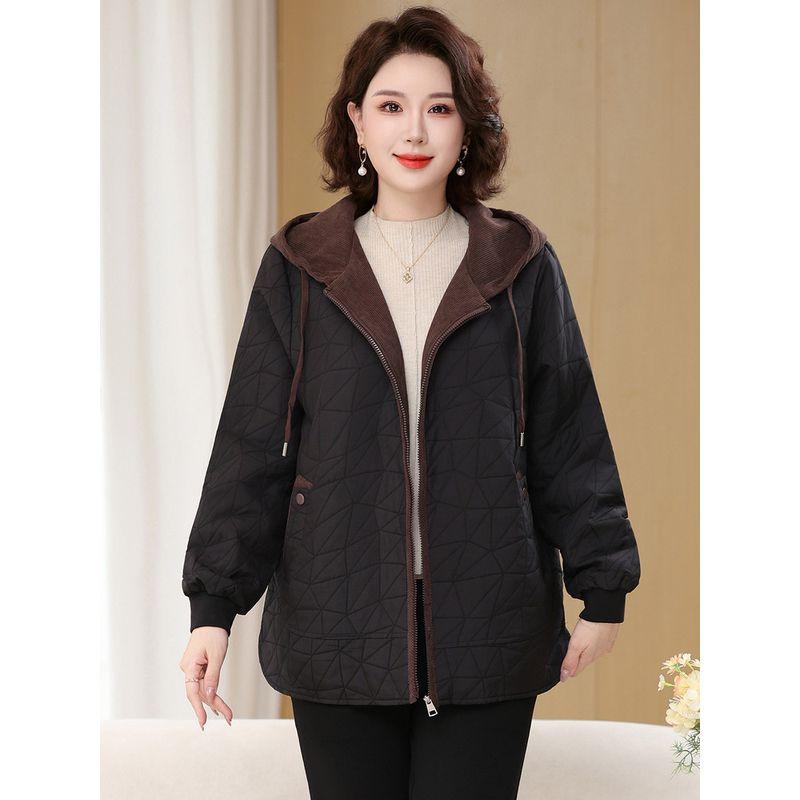 Autumn Style Quilted Thin Cotton Jacket, Spring and Autumn Hooded Loose Short Baseball Jacket, Casual Outerwear for Middle-Aged and Elderly Mothers
