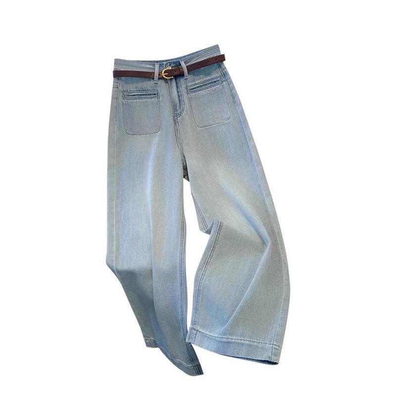 Женские джинсы петит светло-голубые с высокой посадкой прямого кроя - Осень 2024 Утягивающие свободные широкие брюки