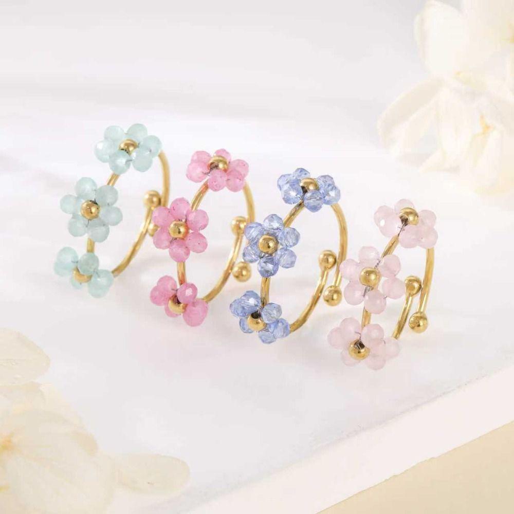 Colorful Flowers Open Ring Stainless Steel Finger Jewelry Fashion Flower Ring  For Women Girls