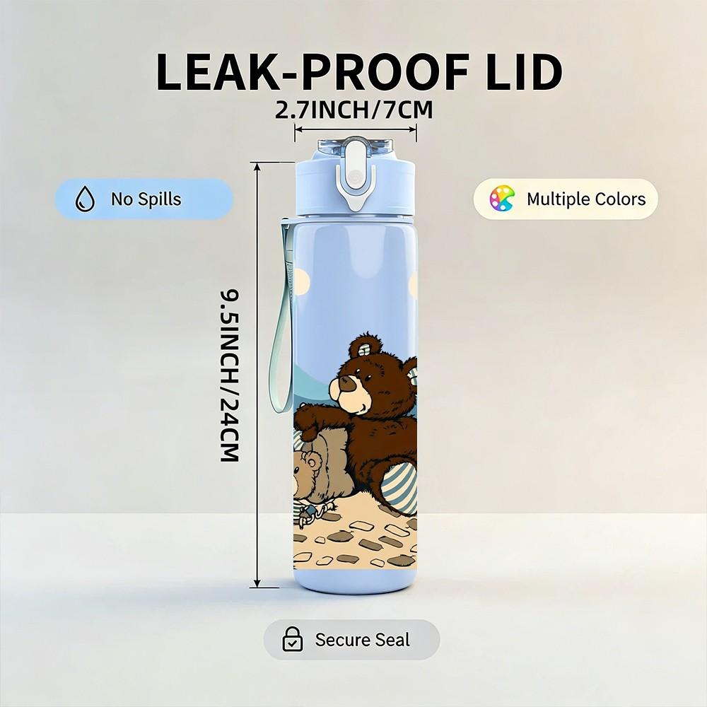 1PC Brown Bear Desert Camp Scene 750ml Color Plastic Sports Water Bottle Leakproof Flip Straw Lid Suitable for Sports Office Home Use